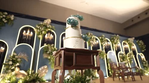 Elegant Wedding Cake Display at Indoor Celebration