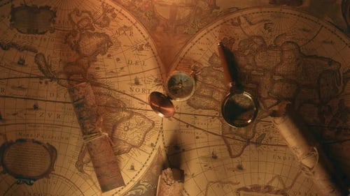 Vintage World Map with Compass and Antique Props