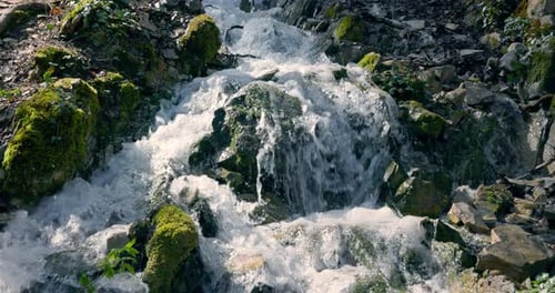 Cascade d'eau tombant sur des rochers au printemps, forêt ensoleillée, ralenti