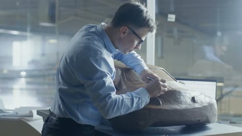 Senior Automotive Designer with Rake Sculpts Futuristic Car Model from Plasticine Clay. He Works i