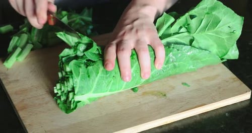 Chef cutting fresh, raw, green leaves on chopping board, in the kitchen. Close up.