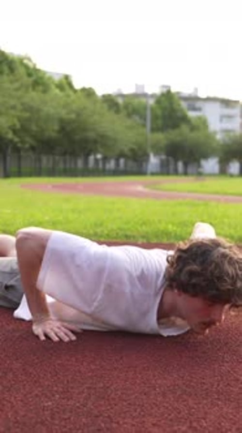 Man warming up stretching legs in an outdoor running track