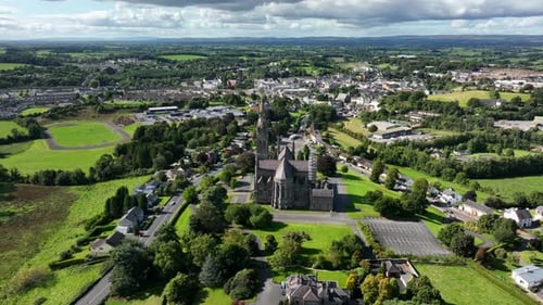St. Cathedral, County Monaghan, Ireland, September 2022. Drone orbits clockwise while slowly pushing