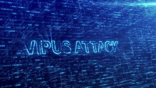Enthüllung eines Virusangriffstextes über blaues futuristisches Technologienetzwerk mit digitalem Cyberspace-Hintergrund