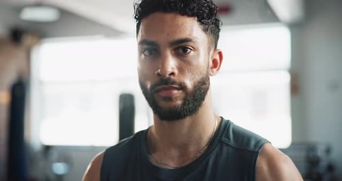 Gym, tired and face of man for fitness, physical workout and exhausted with sweat for training