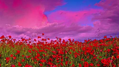 Timelapse of blooming poppy flower field with pink and purple clouds in the sky