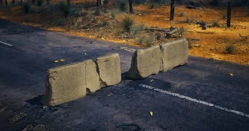 Obstruction routière créée par de grosses pierres dans un paysage désolé