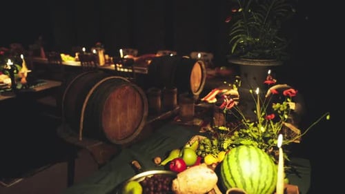 Atmospheric Medieval Feast with Candles and Rustic Food Setting