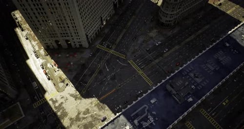 Busy City Intersection Seen From Above During a Sunny Day in the Afternoon