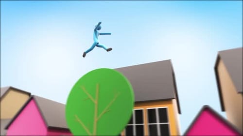 Animated Blue Figure Jumping Over Colorful Houses and Trees