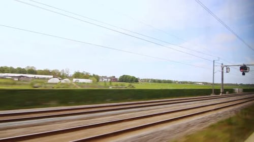 View From Window Moving Train Road. View From Train During Trip Past