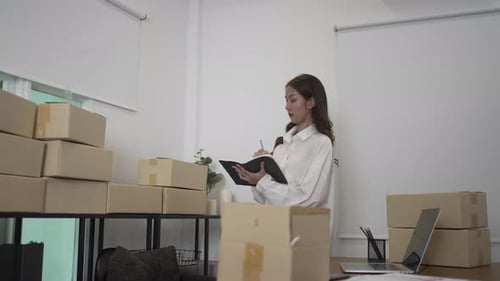 Woman Taking Inventory of Boxes in Home Office