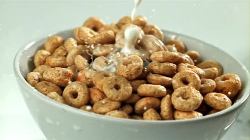 Pouring Milk onto Delicious Breakfast Cereal