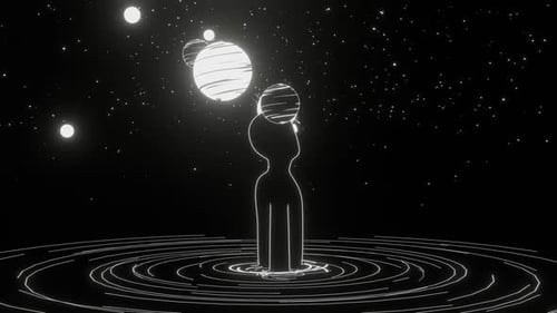 Monochrome Sketch Animation of Person Looking at Space and Planets