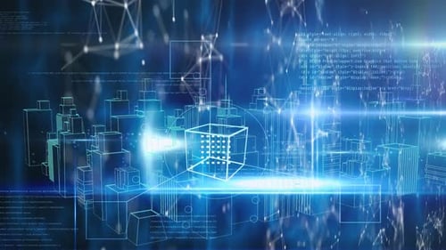 Network of connections and spot of light against 3d city model spinning on blue background