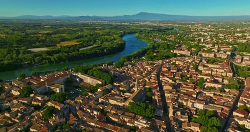 Aerial View of French Town of Avignon on Rhone River in Provence with Medieval Architecture in the
