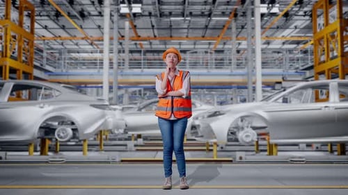 Corps complet d'une ingénieure asiatique pensant dans une usine automobile