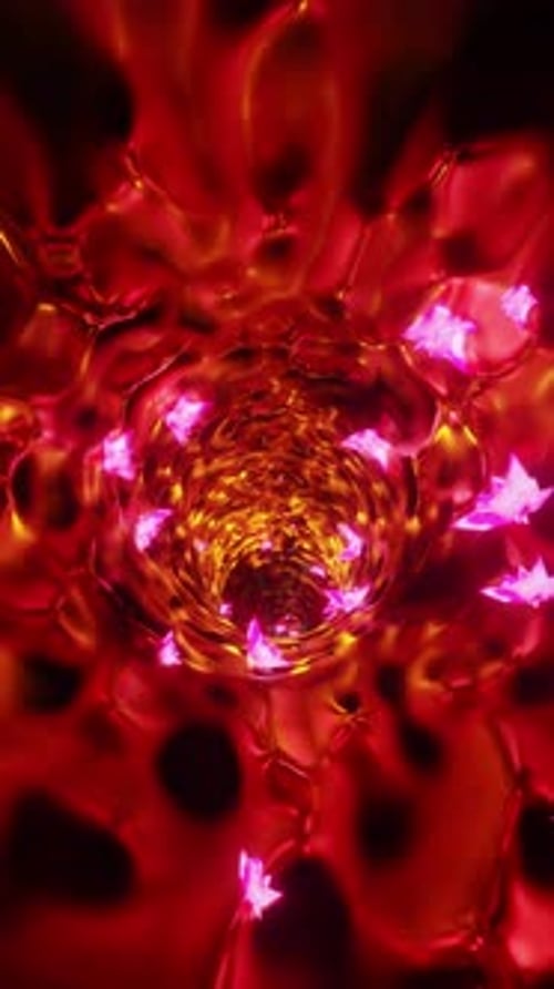 Orangefarbener reflektierender Tunnel mit rosa Kristallen. Animation in einer Schleife