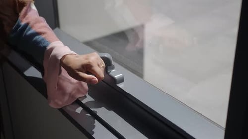 Hand Open Gray Plastic Pvc Window at Home at Early Morning