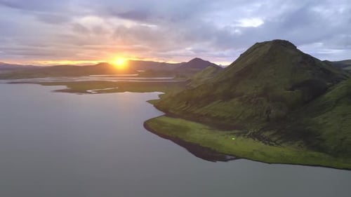 Aerial view of lake and mountain, Iceland.