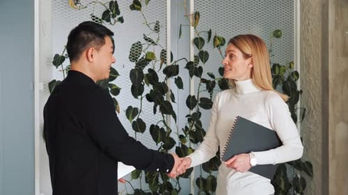 Man and Woman Handshake in Modern Workplace