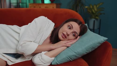 Scared Tired Young Woman Wakes Up From Bad Nightmare in Bedroom at Home Stress Nervousness Anxiety