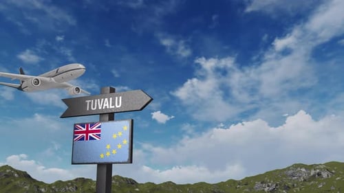 Tuvalu Flag With Airplane And Arrow Sign