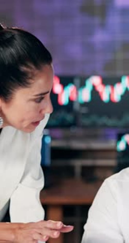 Investor, help and business people in office, talking and coaching for profit growth
