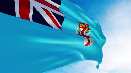 Realistic Fiji Flag Waving Against Blue Sky Animation