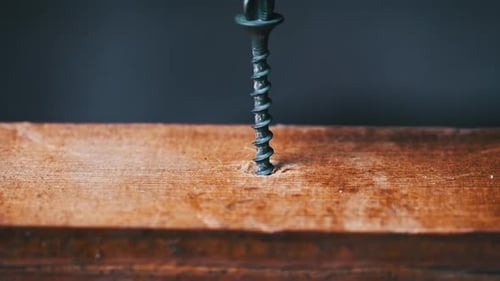 Screw is Screwed Into a Wooden Board with a Screwdriver CloseUp