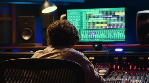 Sound Engineer Working on Mixing Board in Studio