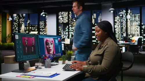 Woman Expert Developer Works with Photo Editing Software and AI