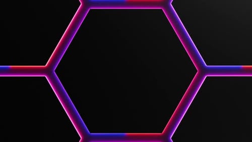 La lumière au néon rouge-violet se déplace autour de cadres hexagonaux noirs sur fond sombre, bordure transparente