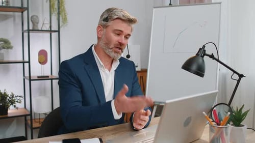 Businessman Working on Laptop Wearing Headset Call Center Support Service Operator Office Helpline