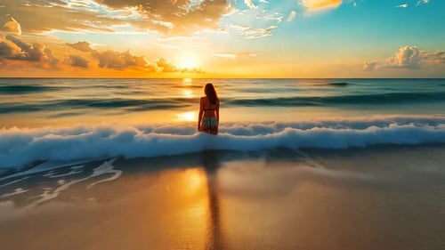 Golden sunrise beach scene, tranquil moment