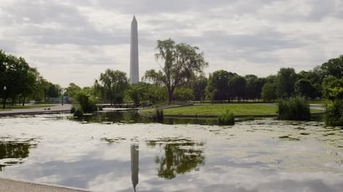 Washington monument viewed from historic memorial park promenade, USA