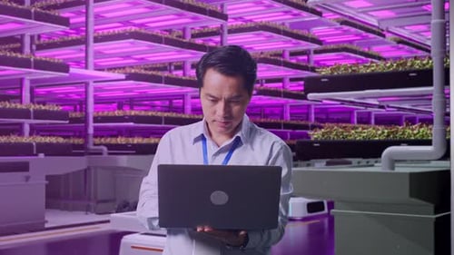 Asiatischer männlicher Arbeiter arbeitet mit einem Laptop in einer vertikalen Farm