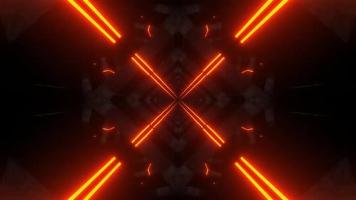 Futuristic tunnel with vibrant blue and red neon lights and geometric design