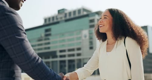 Business woman, people handshake and city for b2b partnership, outdoor deal and travel meeting