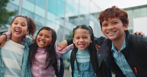 Outside, kids and friends with backpack or smile at school as classmates for education