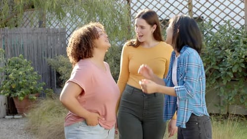 Friends Talking and Hugging in a Sunny Yard