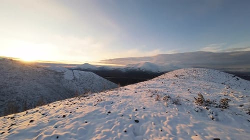 Snowy Mountains at Sunrise, Winter Landscape
