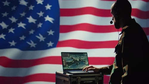 Man With Laptop Before American Flag