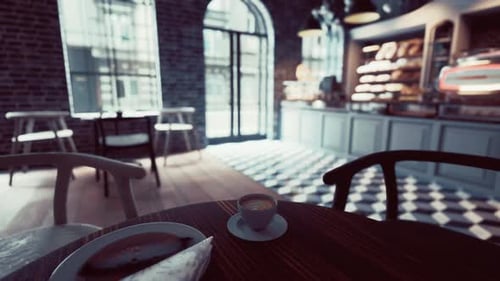 Table With Plate of Food in Modern Cafe Interior