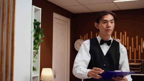 Hotel Receptionists Assisting Guests at Front Desk