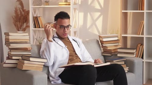 Medical Student Studying with Book on Sofa