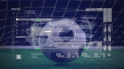 Animation of digital data processing on screen over football in sports stadium