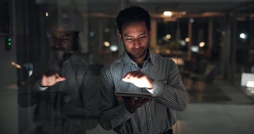 Man, tablet and scroll at startup, night and review with feedback for story at media company