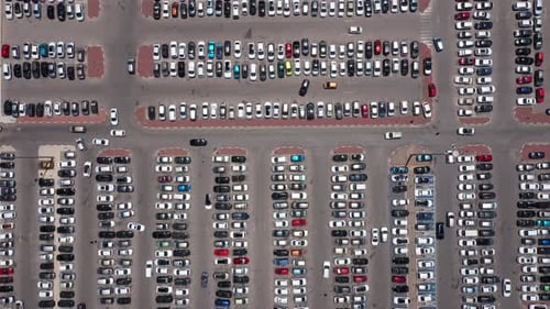 Parking lot, Aerial view of Cars entering, leaving and searching.