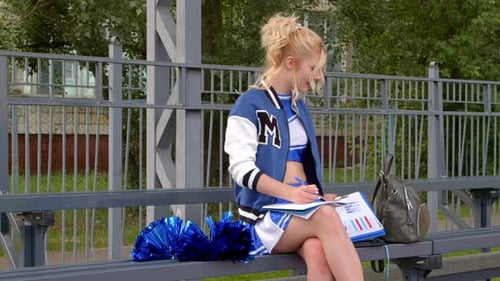 Smart Positive Pretty High School Girl Studying and Doing Homework on Stadium